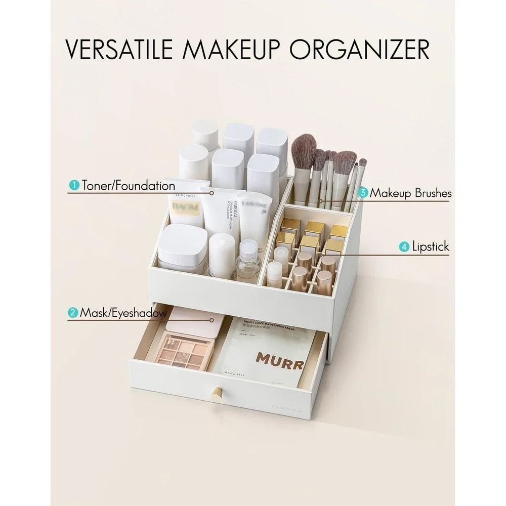 Vlando Makeup Organizer with Drawers‎ Large PU Leather Cosmetic Display Case